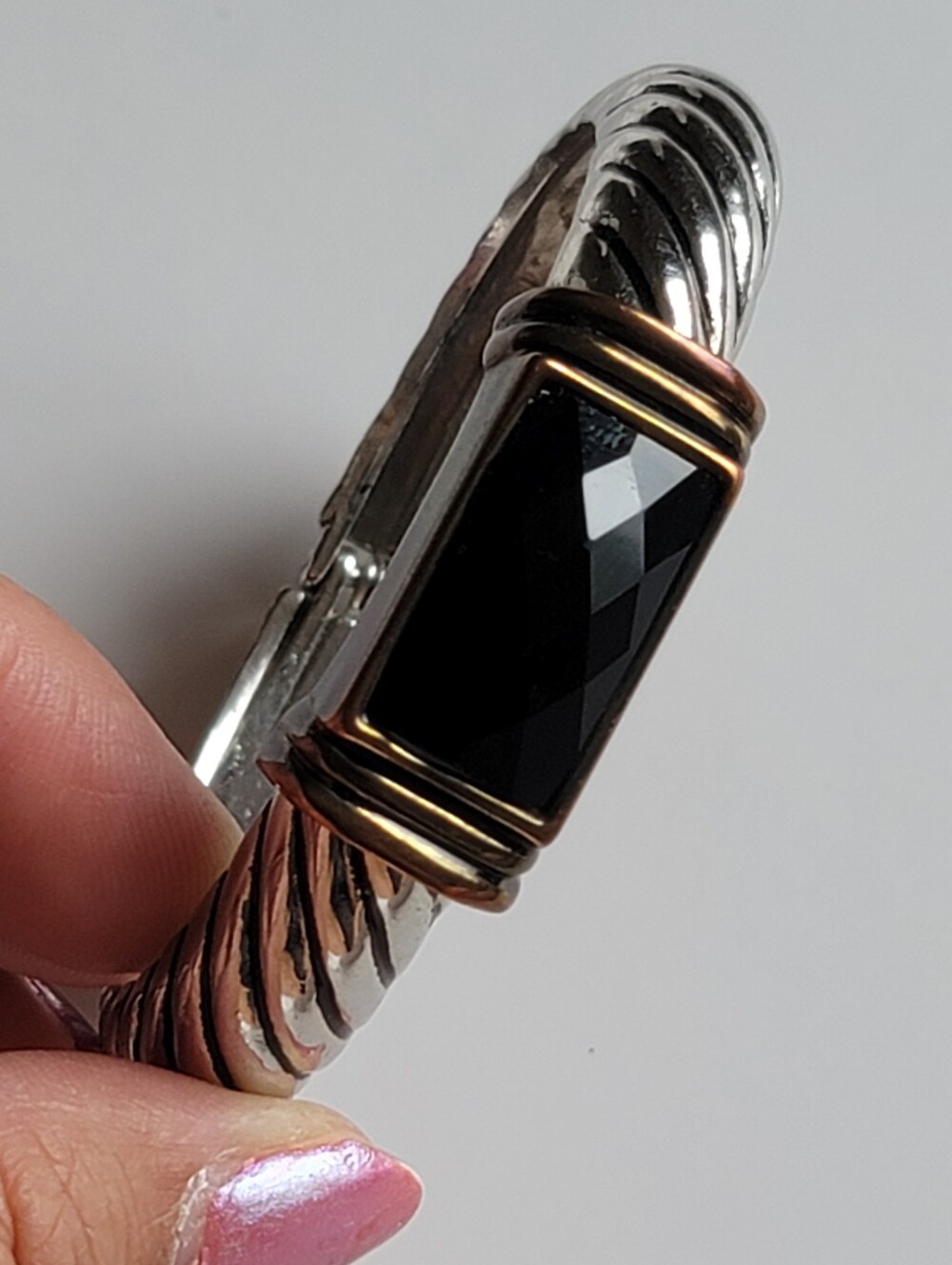 Two-tone: Silver-tone & Brass Clamper Bracelet with Black Faceted Cabachon